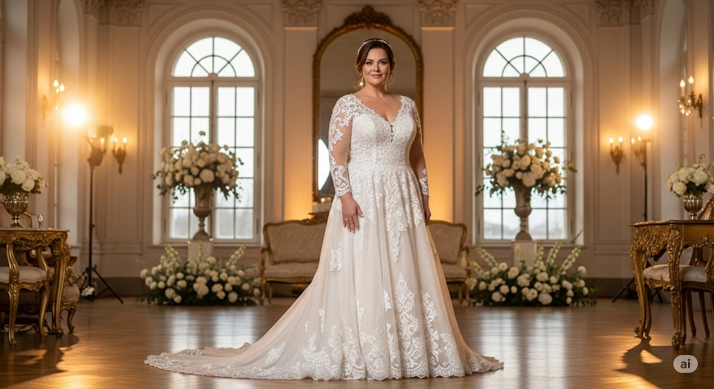 Eine elegante Curvey-Braut inmitten eines festlich mit Blumen geschmückten Raumes